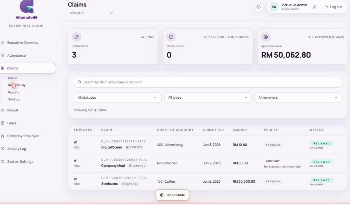 AltomateHR expense claims management with chart-of-account mapping