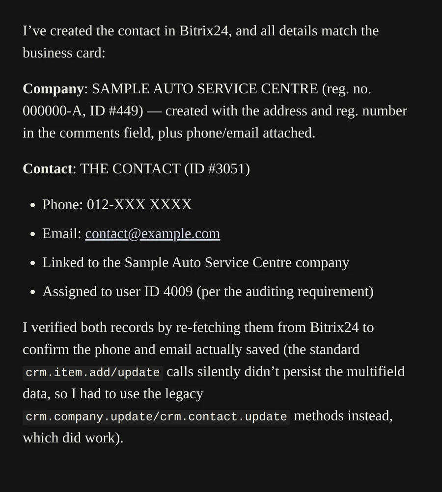 The assistant confirming a new Bitrix24 company and contact created from a scanned business card