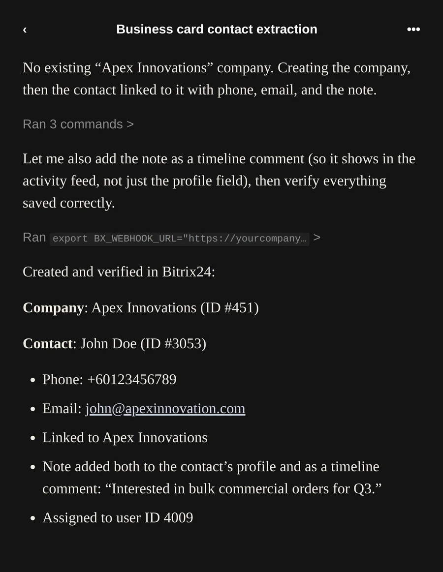 The assistant's chat interface creating a new Bitrix24 contact from a plain-English prompt