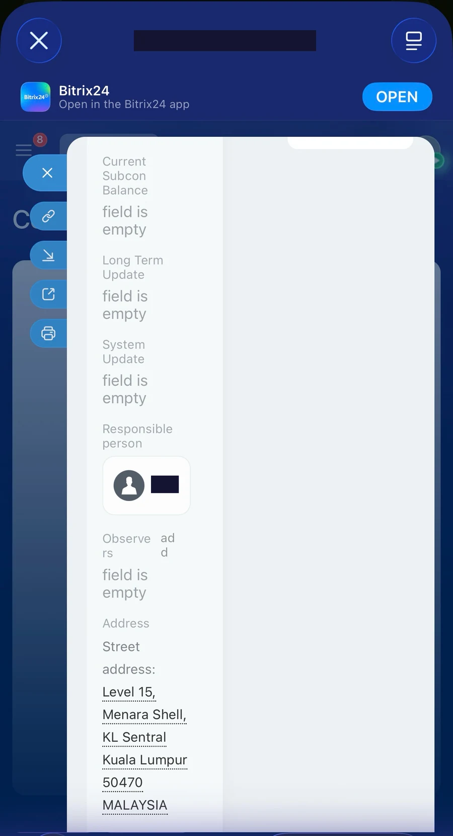 Bitrix24 mobile app showing the office address field populated on the Apex Innovations contact
