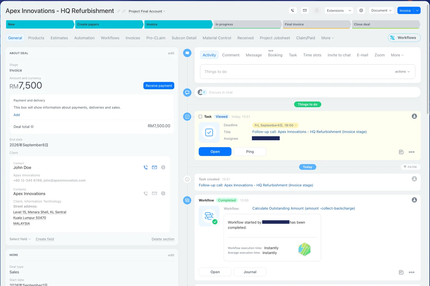 Bitrix24 deal moved to Invoice stage with a follow-up task automatically created