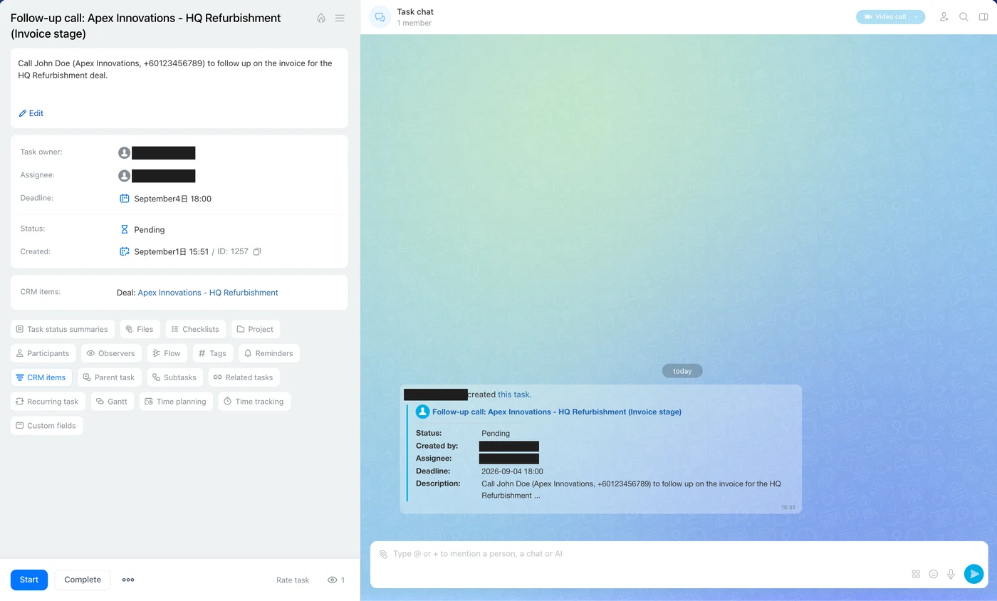 Bitrix24 task chat showing the follow-up call task assigned and pending