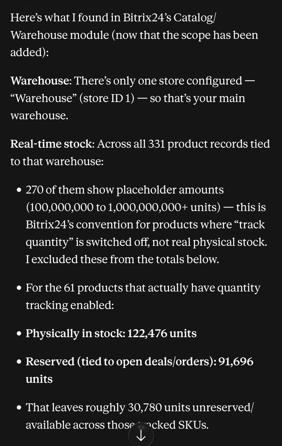 The assistant's response listing warehouse stock levels: 122,476 units physical, 91,696 reserved