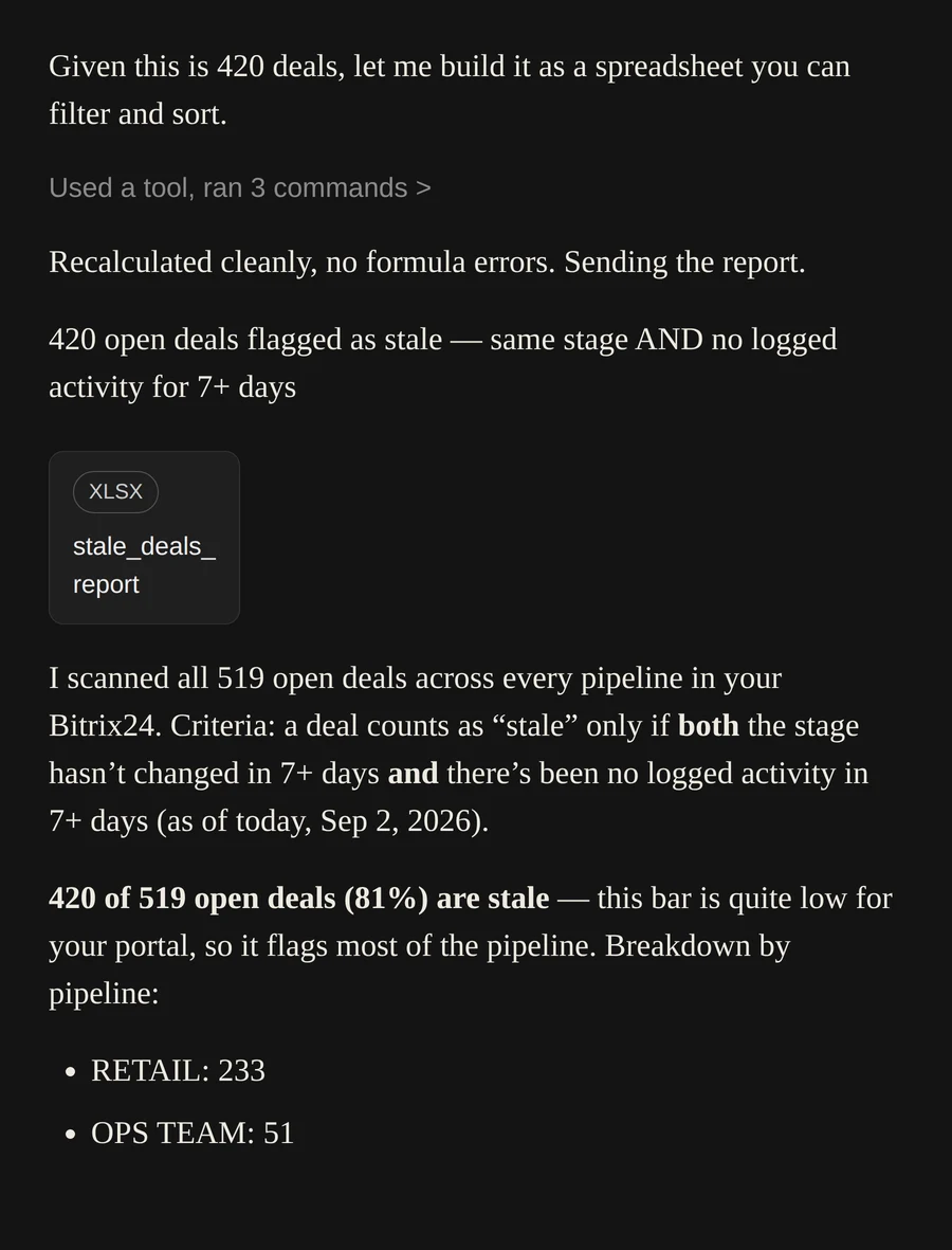 The assistant's response reporting 420 of 519 open deals flagged as stale