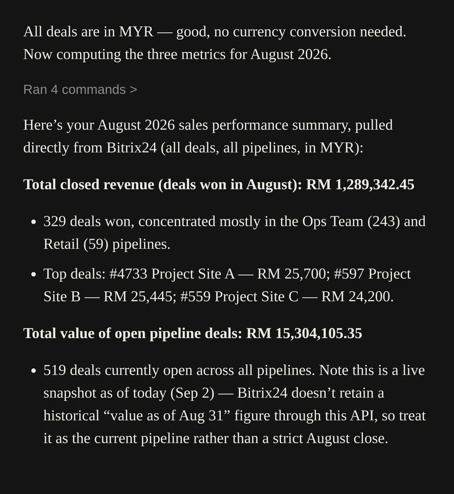 The assistant's response summarising August 2026 sales performance: RM1,289,342 closed revenue