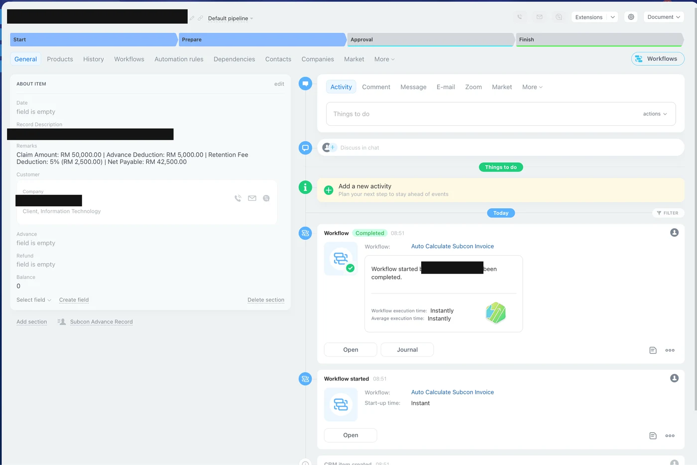 Bitrix24 Smart Process Automation record for a subcontractor company and project