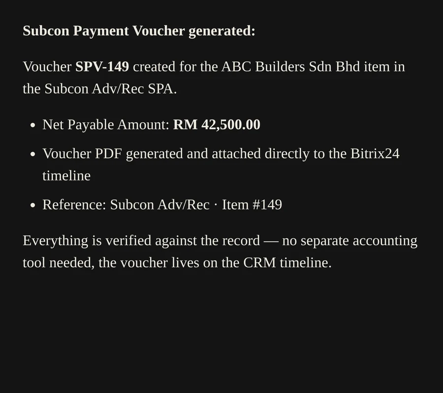 The assistant confirming Subcon Payment Voucher SPV-149 was generated and attached to the Bitrix24 record