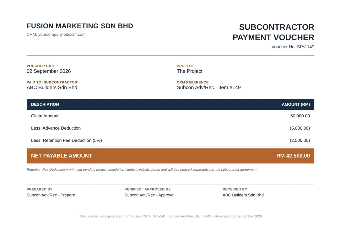 Subcontractor Payment Voucher SPV-149 showing net payable amount of RM42,500