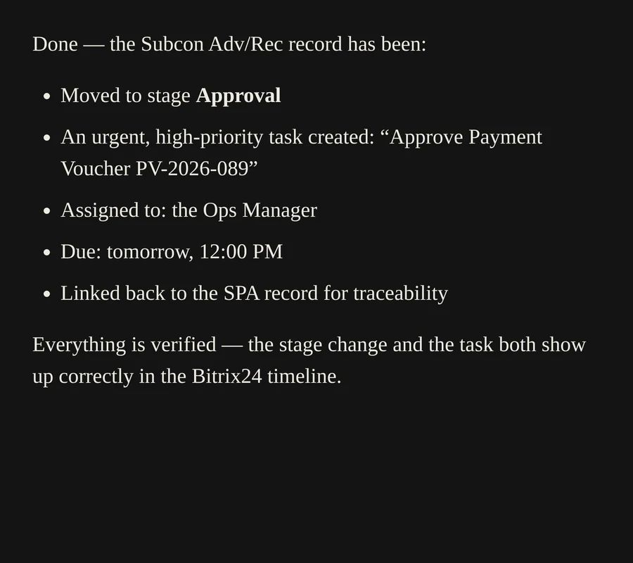 The assistant's response confirming the SPA record moved to Approval stage and an urgent task created