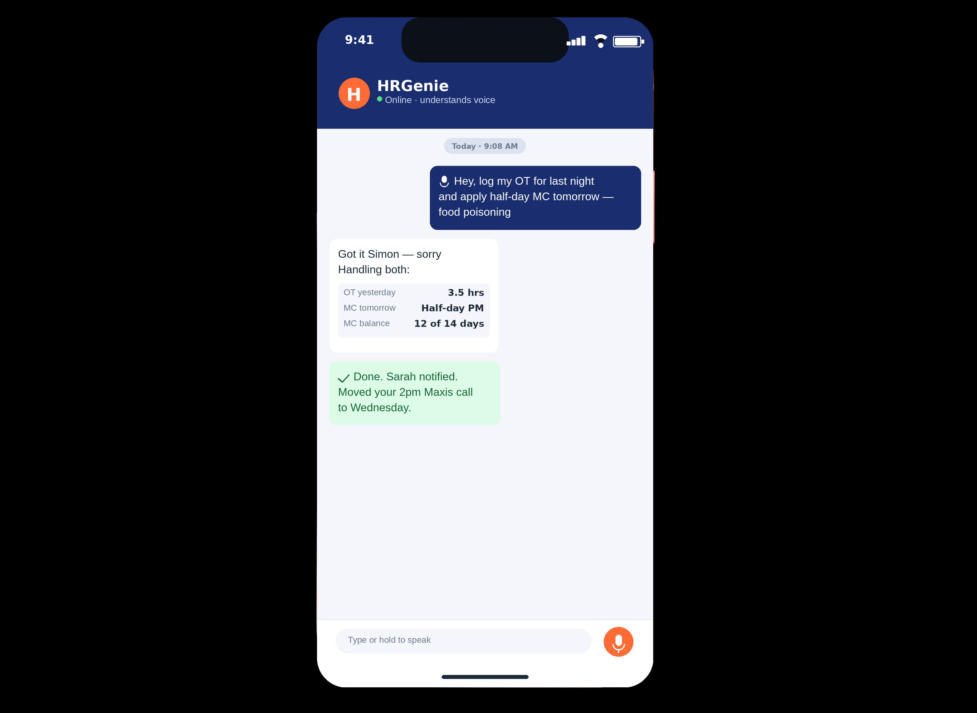 HRGenie running on iPhone showing a voice chat where the agent logs overtime, applies medical leave, and notifies the manager in one message.